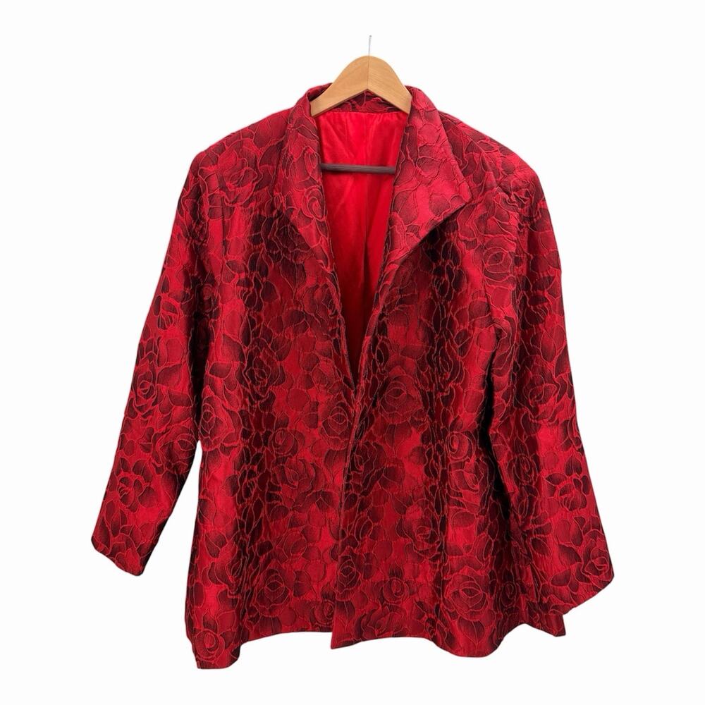 Vintage Custom Made Red Silk Jacquard Floral Blazer Evening Jacket Womens 2X